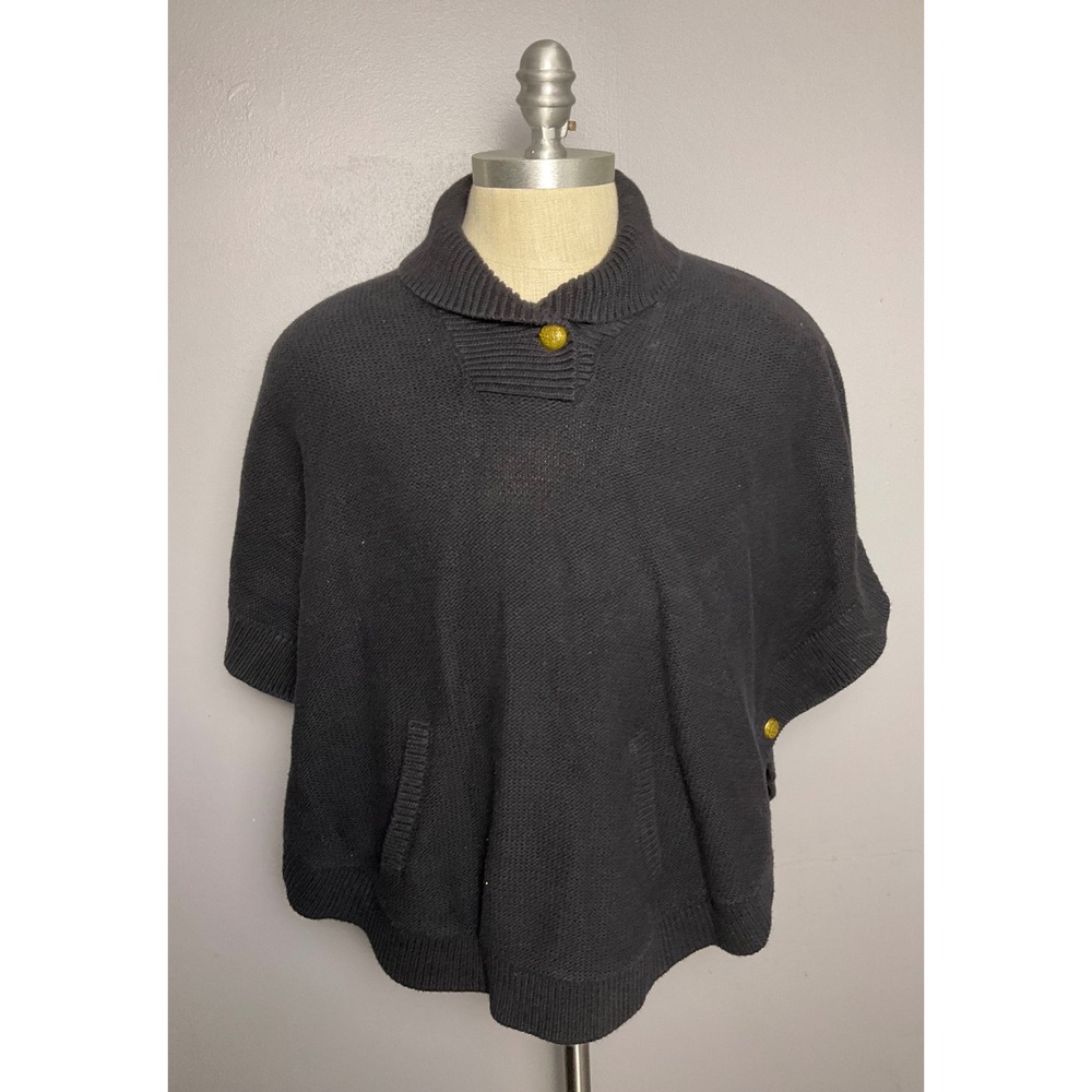 Lauren Ralph Lauren Black Knit Poncho Sweater Gold Crest Button Shawl Collar M